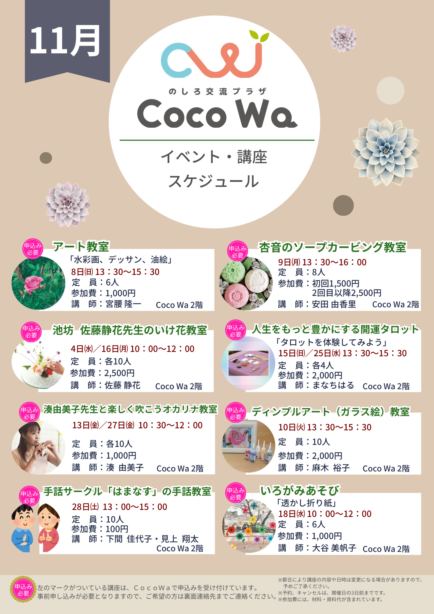 のしろ交流プラザCoco Wa 2026年11月イベント・講座スケジュール表面